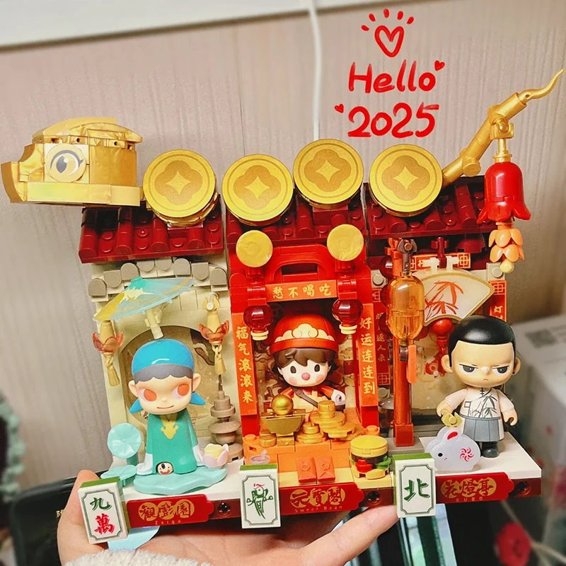 Véritable célébration du nouvel an du serpent riche-série main chanceuse figurines Labubu Zimomo fleur de pêcher salon de thé cadeau surpris