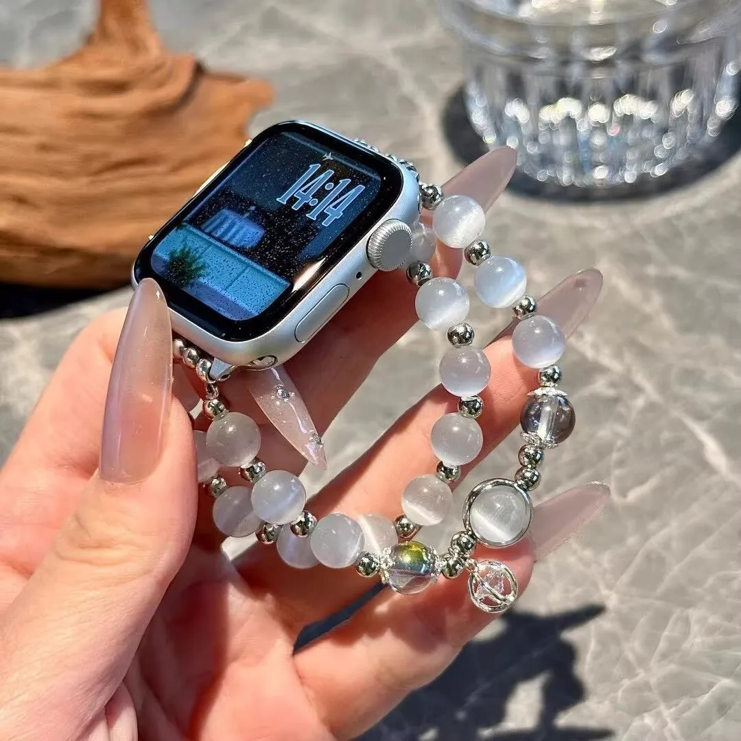 Shiny White Cat Eye Beaded Watch Bracelet for Apple Watch Series11 10 9 8 7 6 SE Ultra Double Layer Lady Replacement Watch Strap