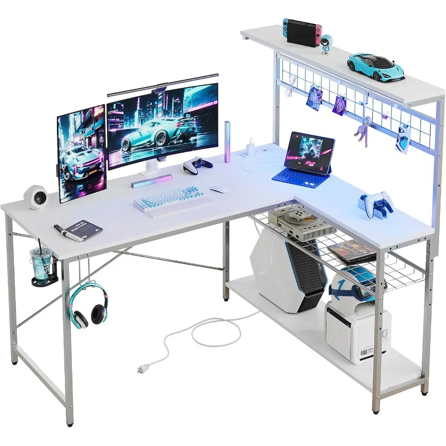51-inch L-Shaped Gaming Desk with Integrated Power Outlets and Ambient LED Lighting Featuring 4 Tier Storage Shelves Reversible