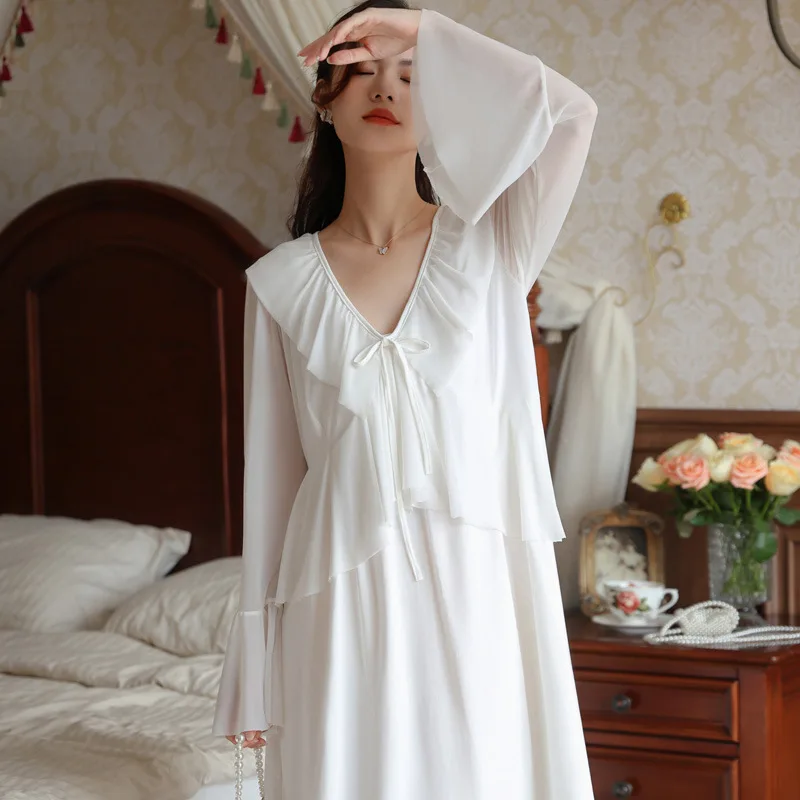 

Spring Autumn Lace Long Sleeve Nightdress Princess Sleepwear Vintage Women Cotton V Neck Nightgown Sweet Solid Color Nightdress
