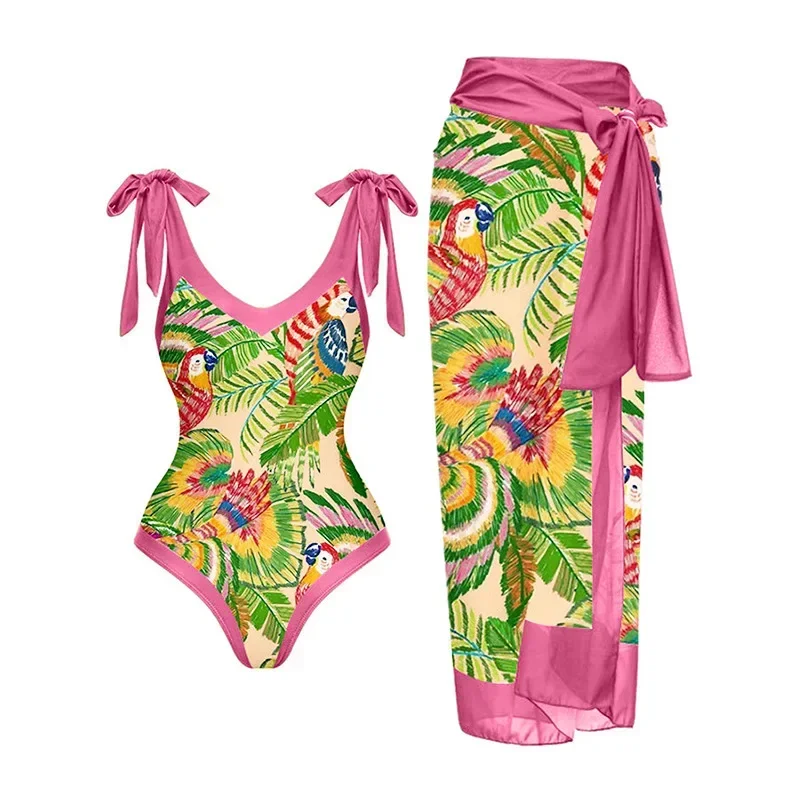 Traje de baño de una pieza con estampado Vintage para mujer, Bikini con volantes y escote en V profundo, Kimono de moda, ropa de playa