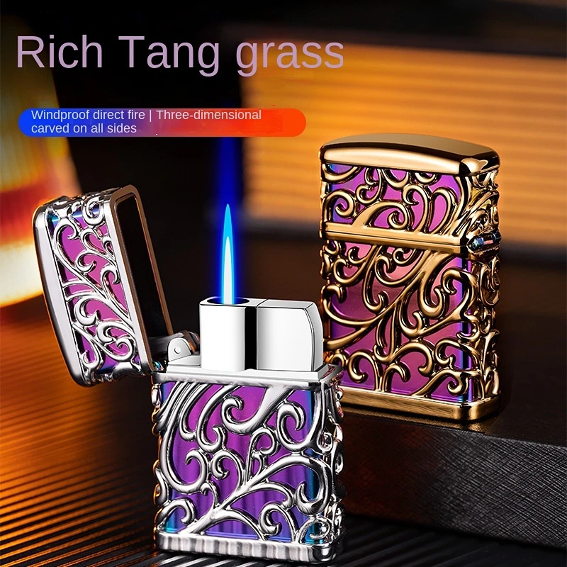 Hollow Tang Grass Gilding Windproof Straight Punch Gas Lighters Relief Personality