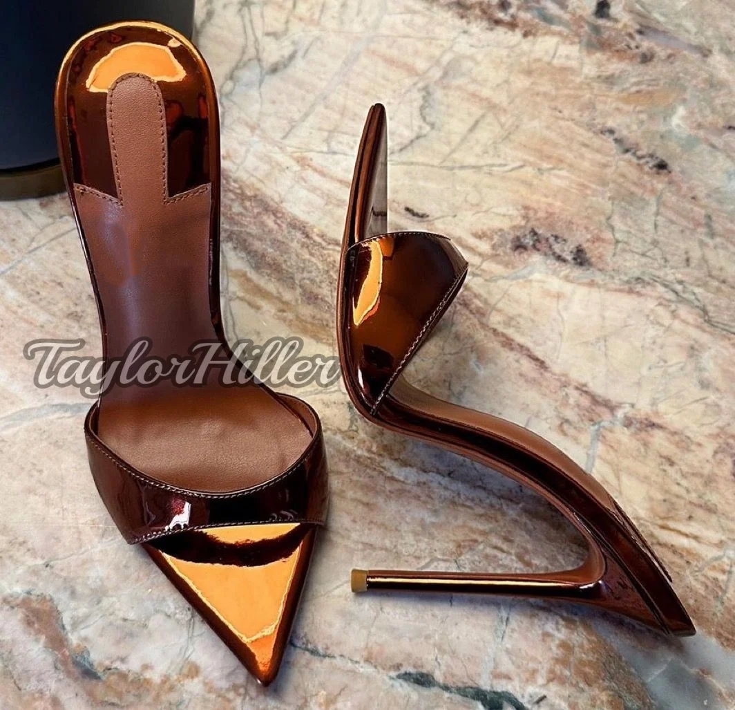 Classic Golden Metallic Leopard Print Mule Slippers Black White Office Lady Pointy Toe Outer Slides High Heels Slip On Shoes