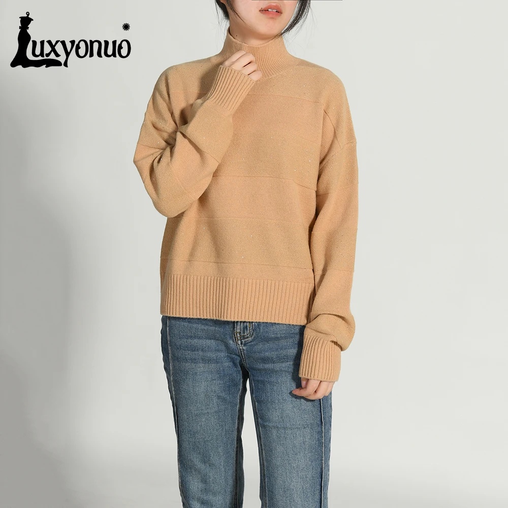 

Luxyonuo Women's Wool Sweater Autumn New Arrival Knitted Tops Ladies Fashion Sequin Pullovers Spring Turtleneck Knitwear Female