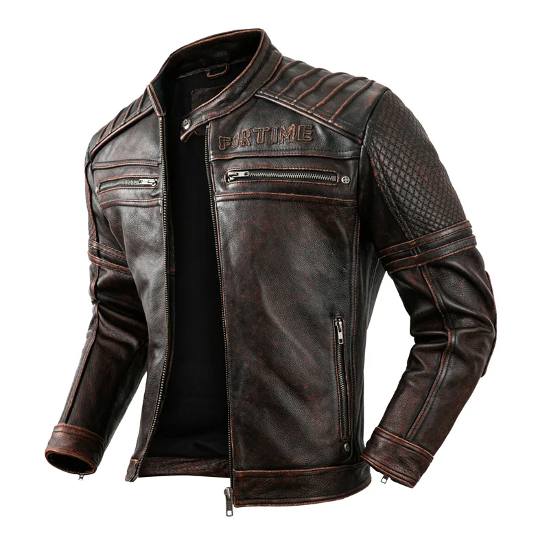 Men\'s Vintage Biker Jacket Top Layer Standing Collar Cowhide Motorcycle Jacket Classic Stone Milled Calfskin Moto Riding Suit