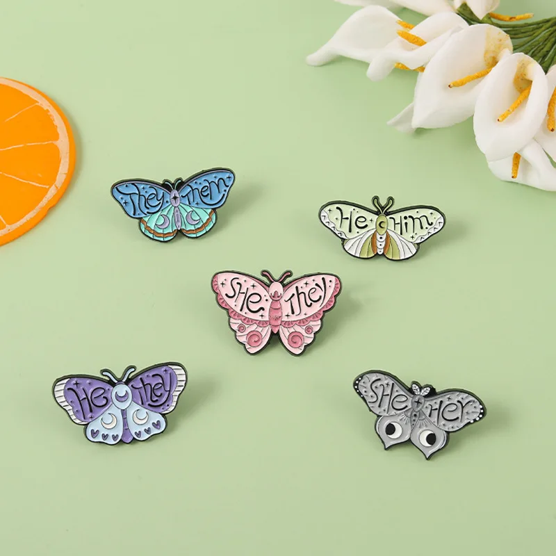 Butterfly Pronouns Enamel Pins SHE HER HE HIM THEY THEM Brooches Nice Insect Clothing Badge Jewelry Gift for Friends Kids