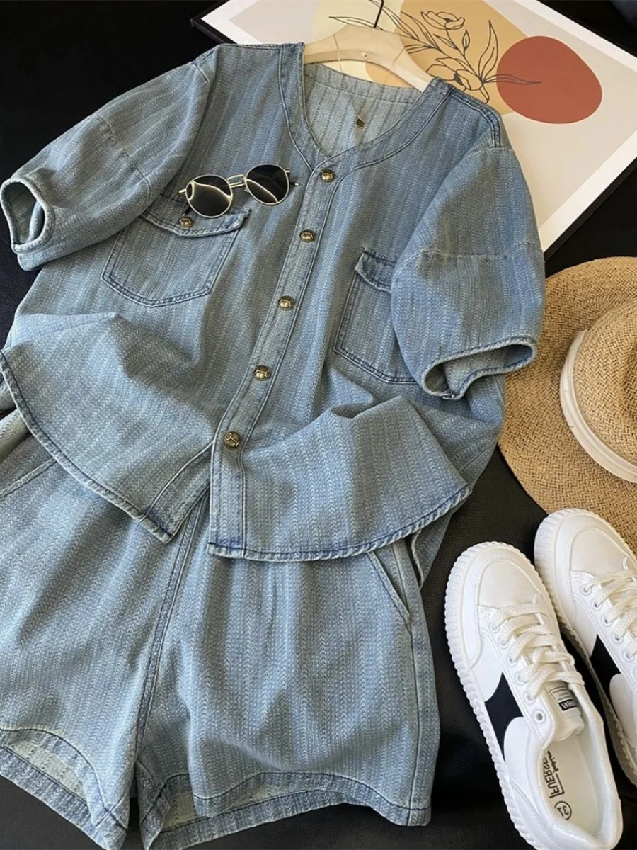 

Летний женский джинсовый комплект больших размеров, свободный повседневный топ, комплект из двух предметов в стиле ретро, Гонконгский Sle Faionable, большие размеры M300