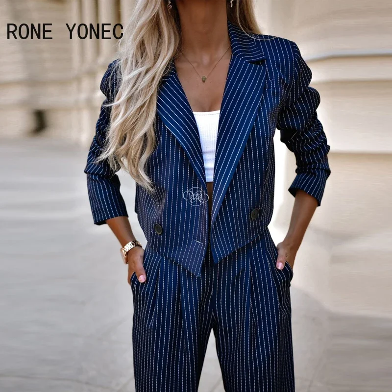 Striped Blazer Coat & Straight Leg Pants Set Women Two Pieces Sets