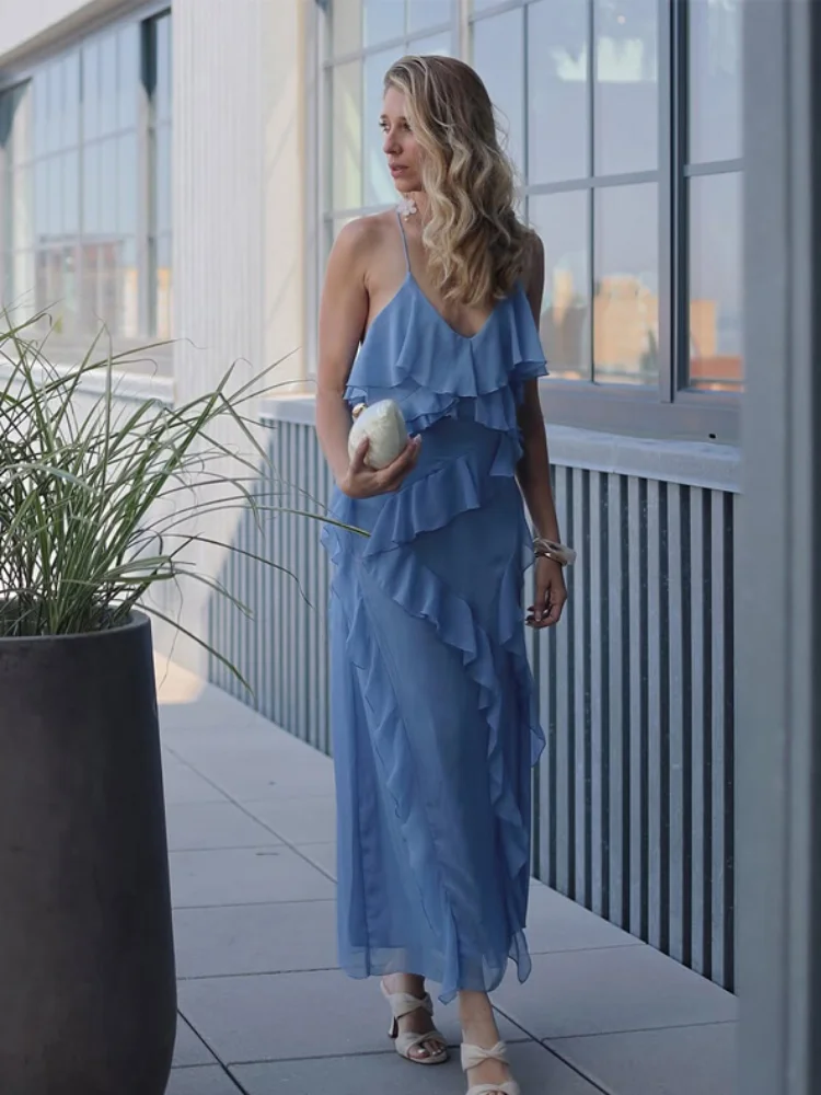 

Элегантное женское многоярусное платье-комбинация, модное, темно-синее, А-силуэт, с оборками по низу, плиссированная юбка, облегающее, новинка 2026 года, летнее, для прогулок на природе