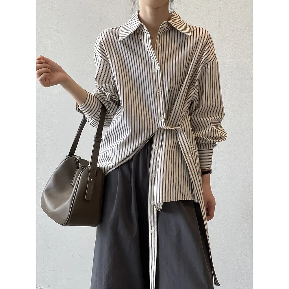 Relaxed Fit Long Sleeve Striped Shirt for Women - Brown and White Combo for a Casual, Stylish Look