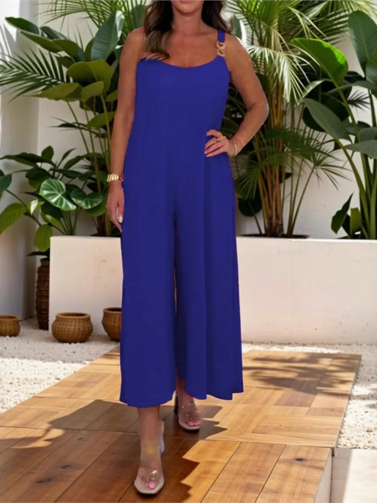 Mono informal cómodo de estilo urbano para mujer, mono sencillo para ir al trabajo, Color sólido, cadena dorada, pantalones con tirantes para el hombro, verano