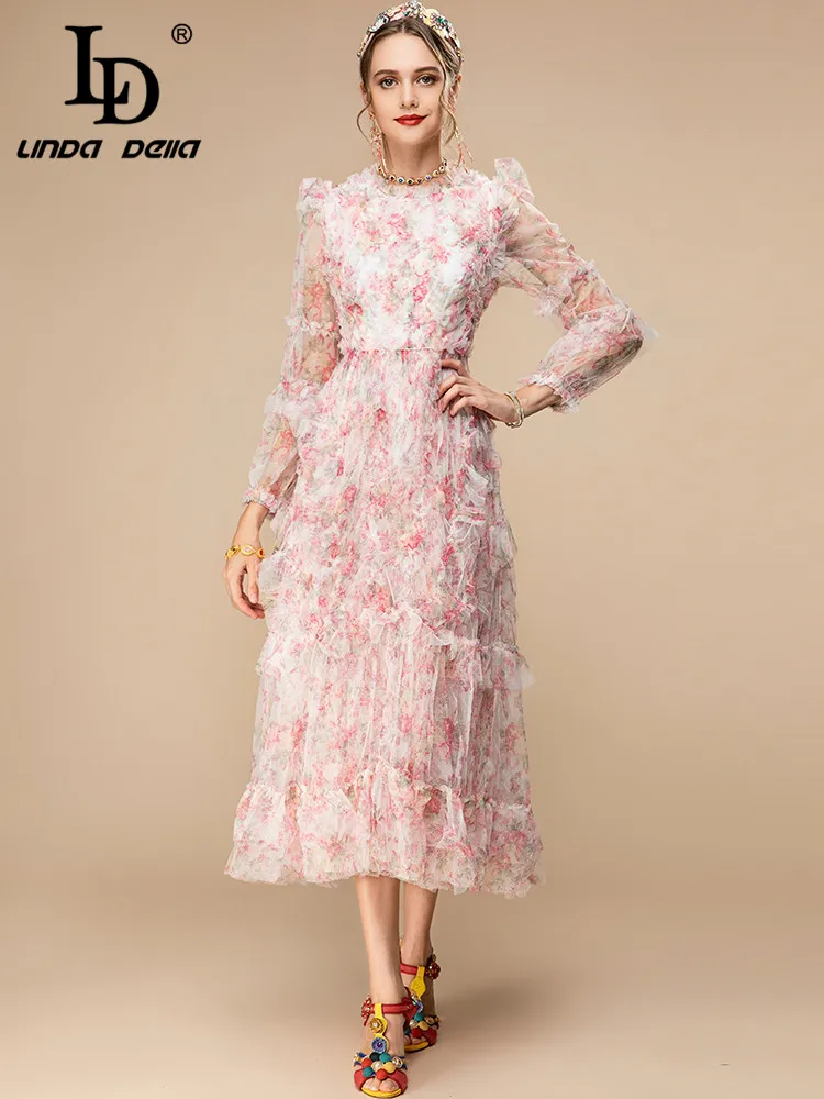 LD LINDA DELLA New 2023 Designer Spring Dress Women Long sleeve Flowers Print Mesh Vacation Party Elegant Midi Dress