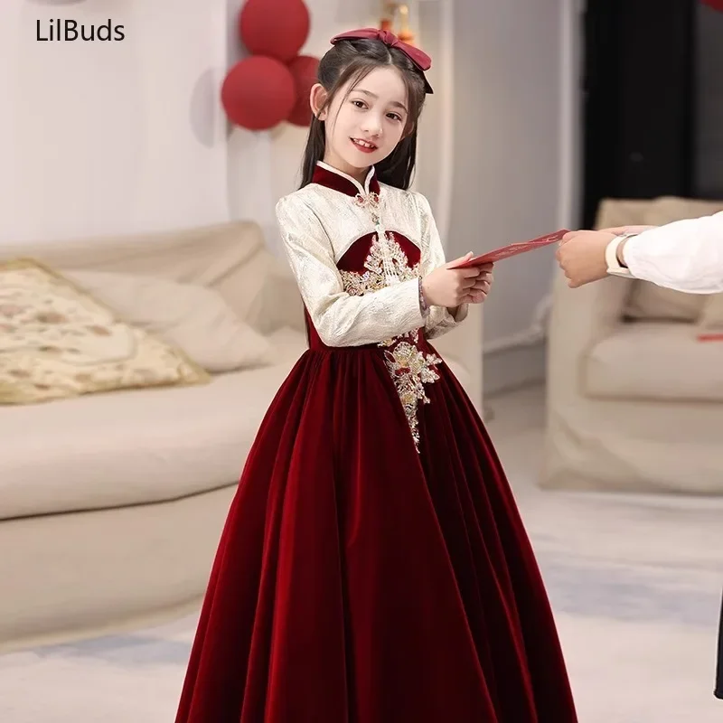 

2024 Kids Red Princess Dress Costume Flower Girl Wedding Piano Performance Children Elegant Clothes Autumn And Winter Outfits