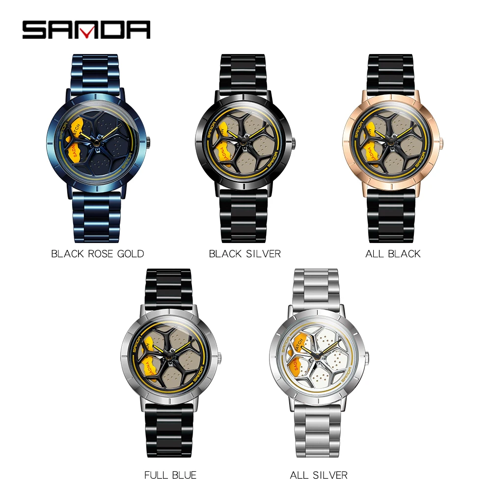 Fashion Men Hot Sell Car Rim Wristwatch Stainless Steel Waterproof Sport Quartz Watch 360 Degree Rotating Wheel Dial Watches