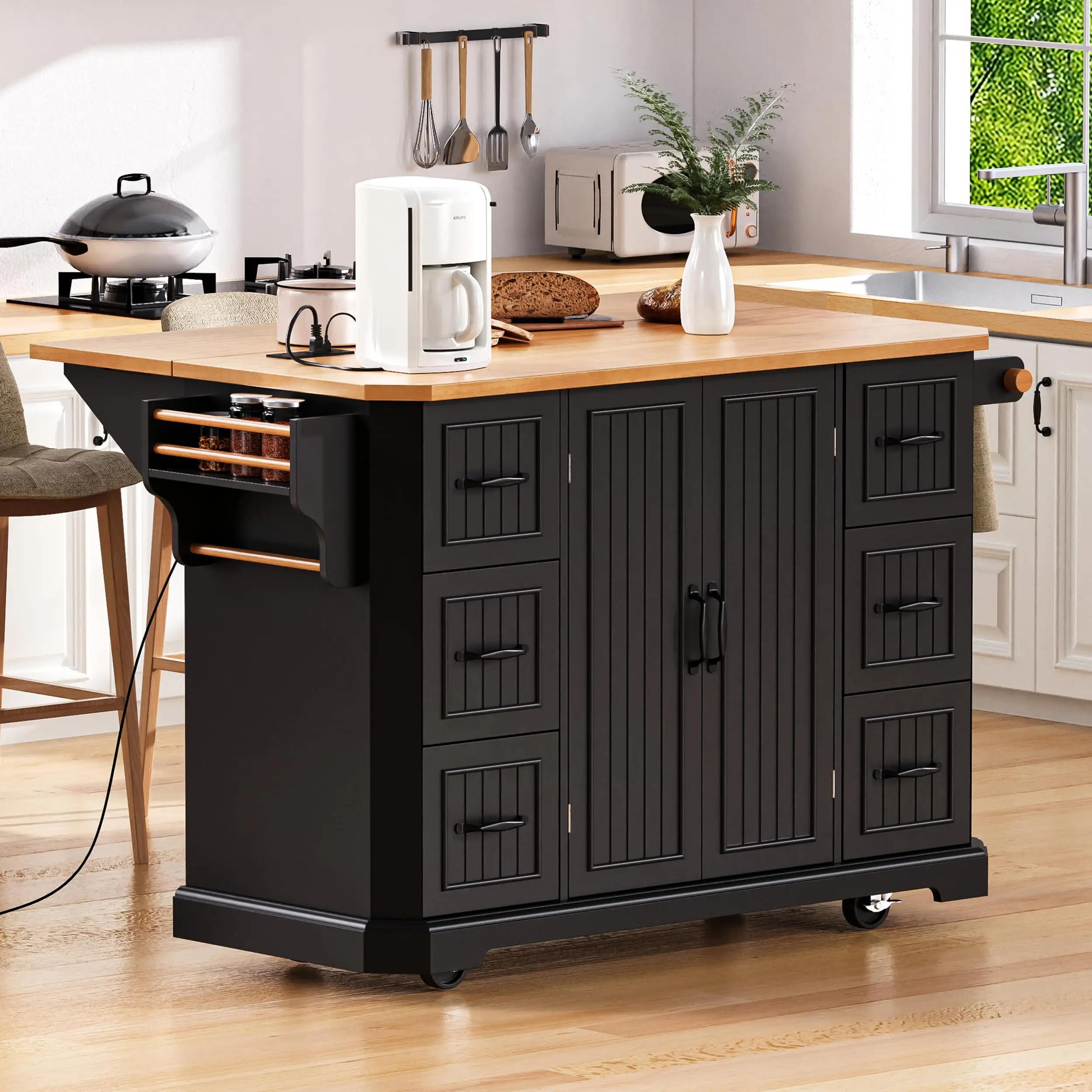 Rolling Kitchen Cart with Drop Leaf, Kitchen Island with Power Outlet, 4 Door Shelves and 6 Deep Drawers, for Kitchen