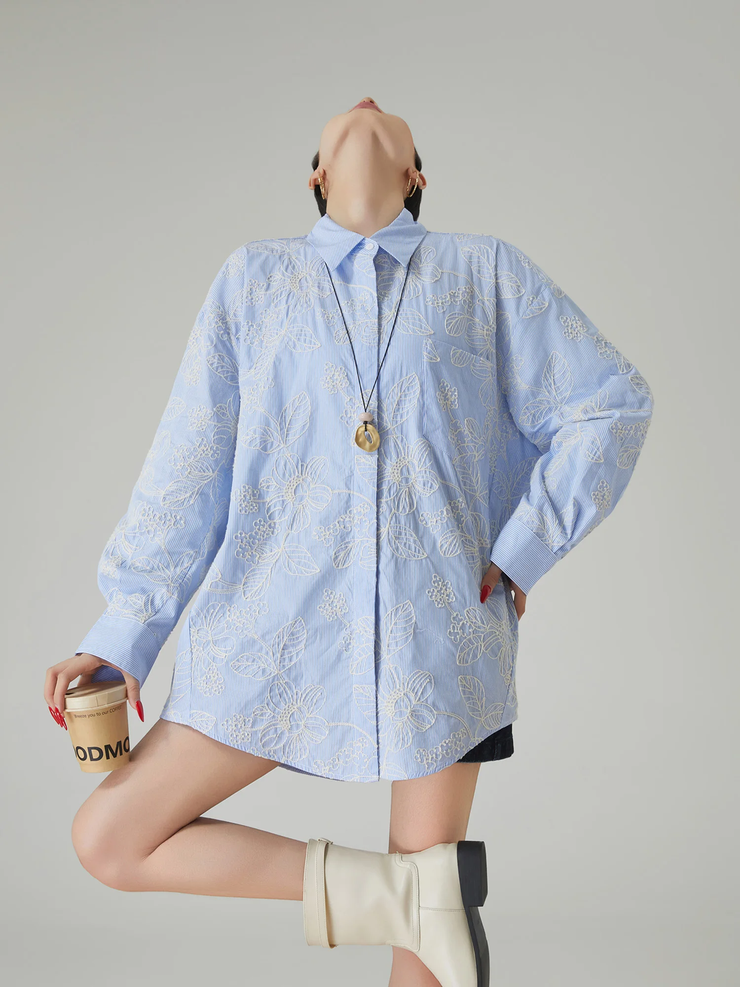 

Loose Women's irt Floral Embroidery Oversized Midi Slimming Effect Blue White Stripes Floral Pattern Long Sve Busin C...