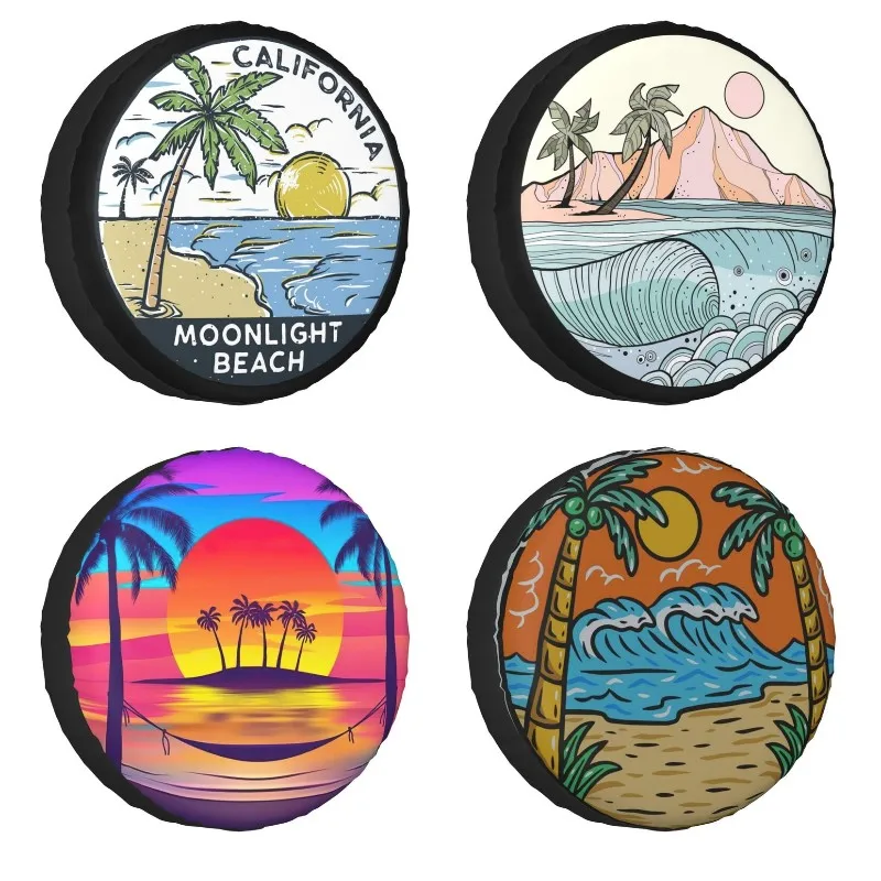 Vintage Moonlight Beach California Tire Cover 4WD 4x4 Palm Trees Spare Wheel Protector Fit for Honda CRV 14