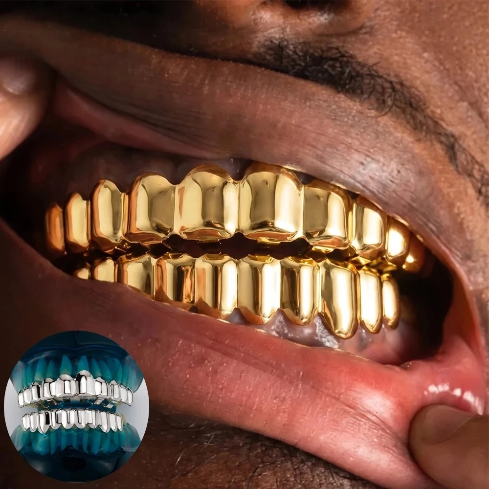 Gold Color Hip Hop Grillz Set No Stone Solid Mirror Top Bottom 10 Teeth Grills Shiny Punk Rapper Christmas Jewelry Men Women