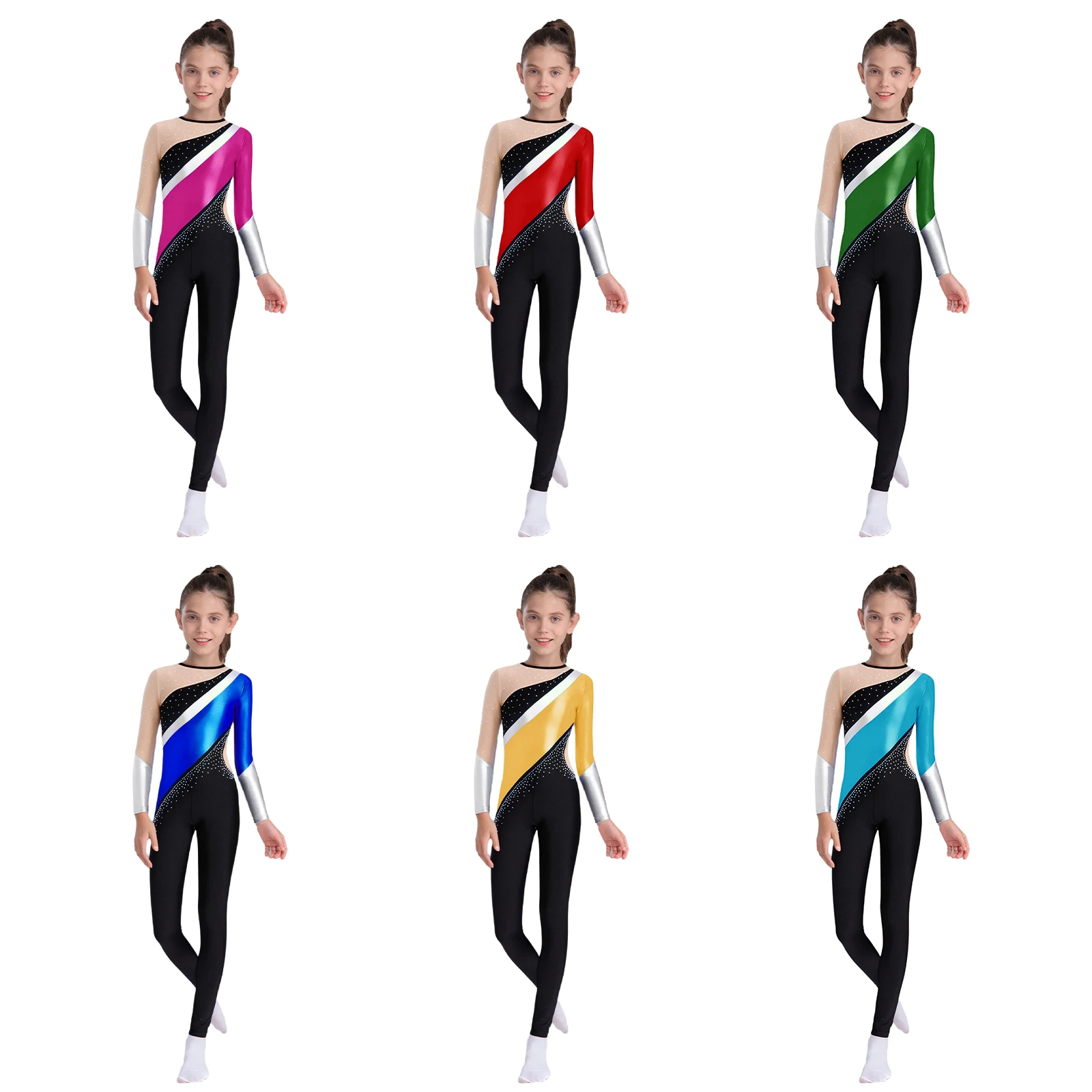 女の子新体操パフォーマンスジャンプスーツ長袖バレエダンスレオタードフィギュアスケートレオタードフルボディスーツダンスウェア