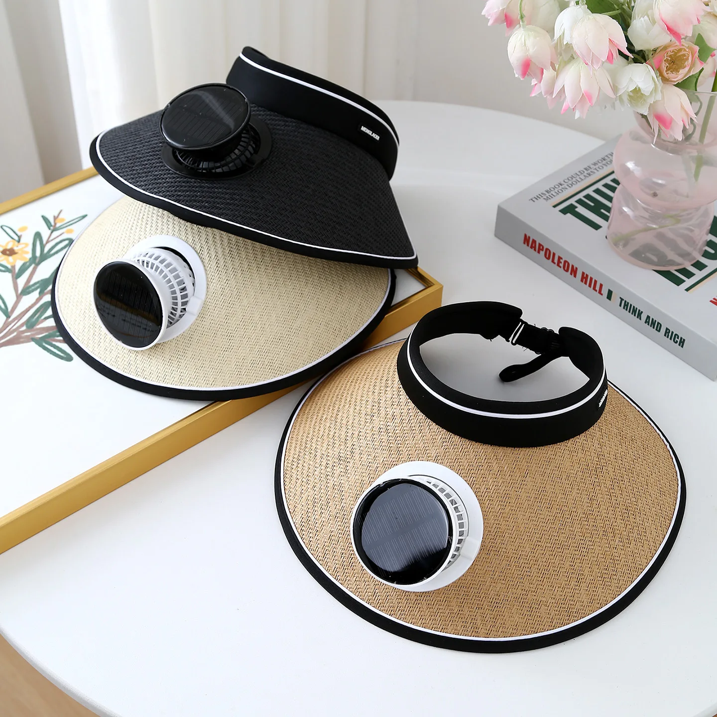 Wide Brim Sun Hat With Built-in Fan Summer Cap Outdoor Straw Visor Hat With Solar/USB Powered Fan For Camping Fishing Hiking
