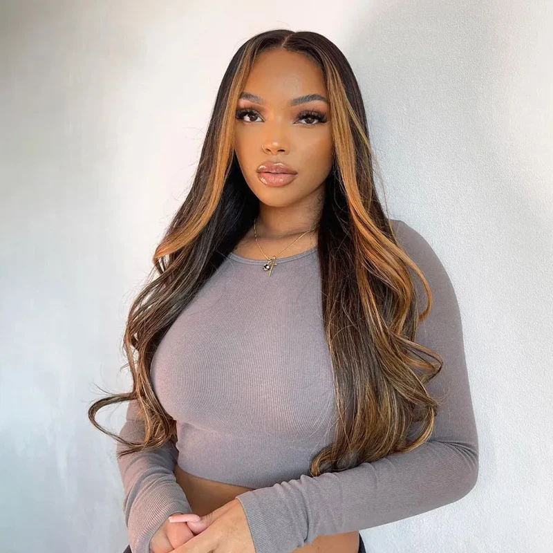 Perruque Lace Front Wig synthétique Body Wave brune à reflets, petit et grand capuchon, perruque Lace Front Wig transparente 13x4 pour femmes