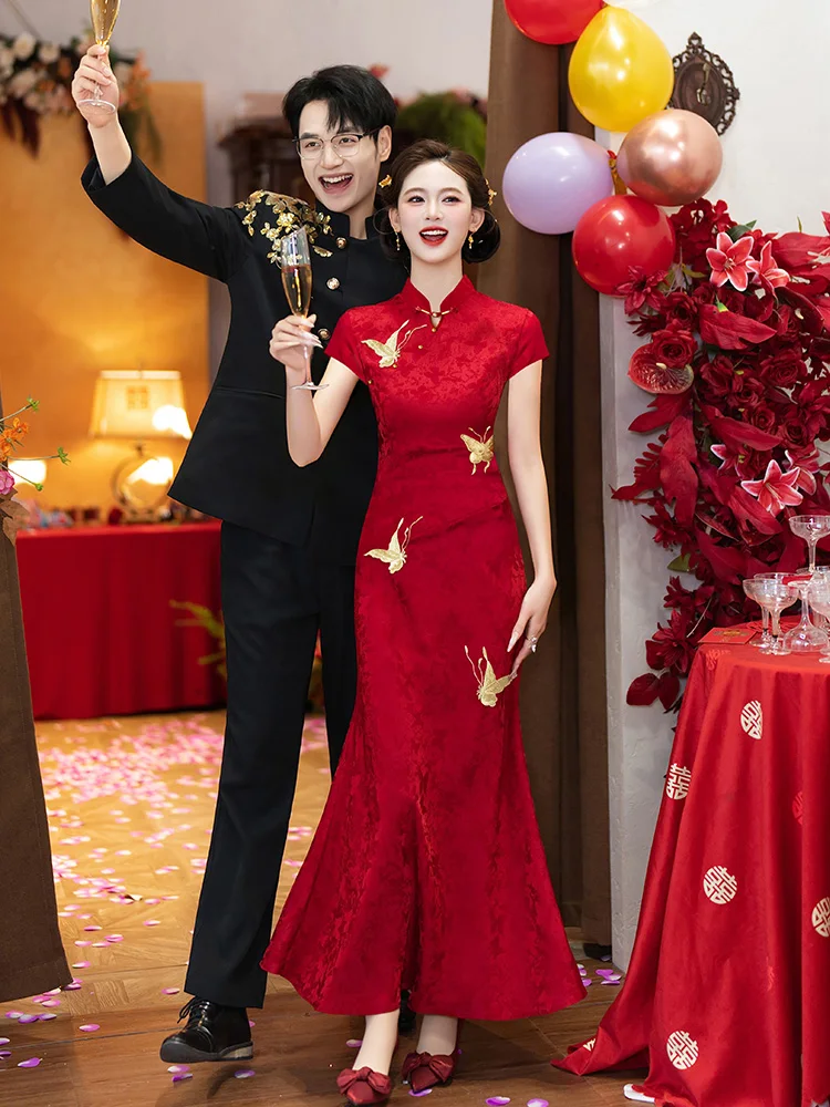 Red New Chinese Style Wedding Dress Morning Robe Bridegroom Clothes Evening Gown Return Home Clothes Formal Occasion Dresses