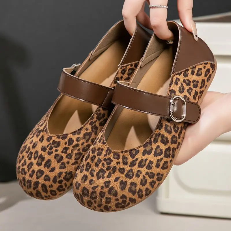 

Women Leopard Print Mary Jane Flats Comfortable Round Toe Buckle Strap Loafers Casual Soft Sole Non-Slip Breathable Walking Shoe