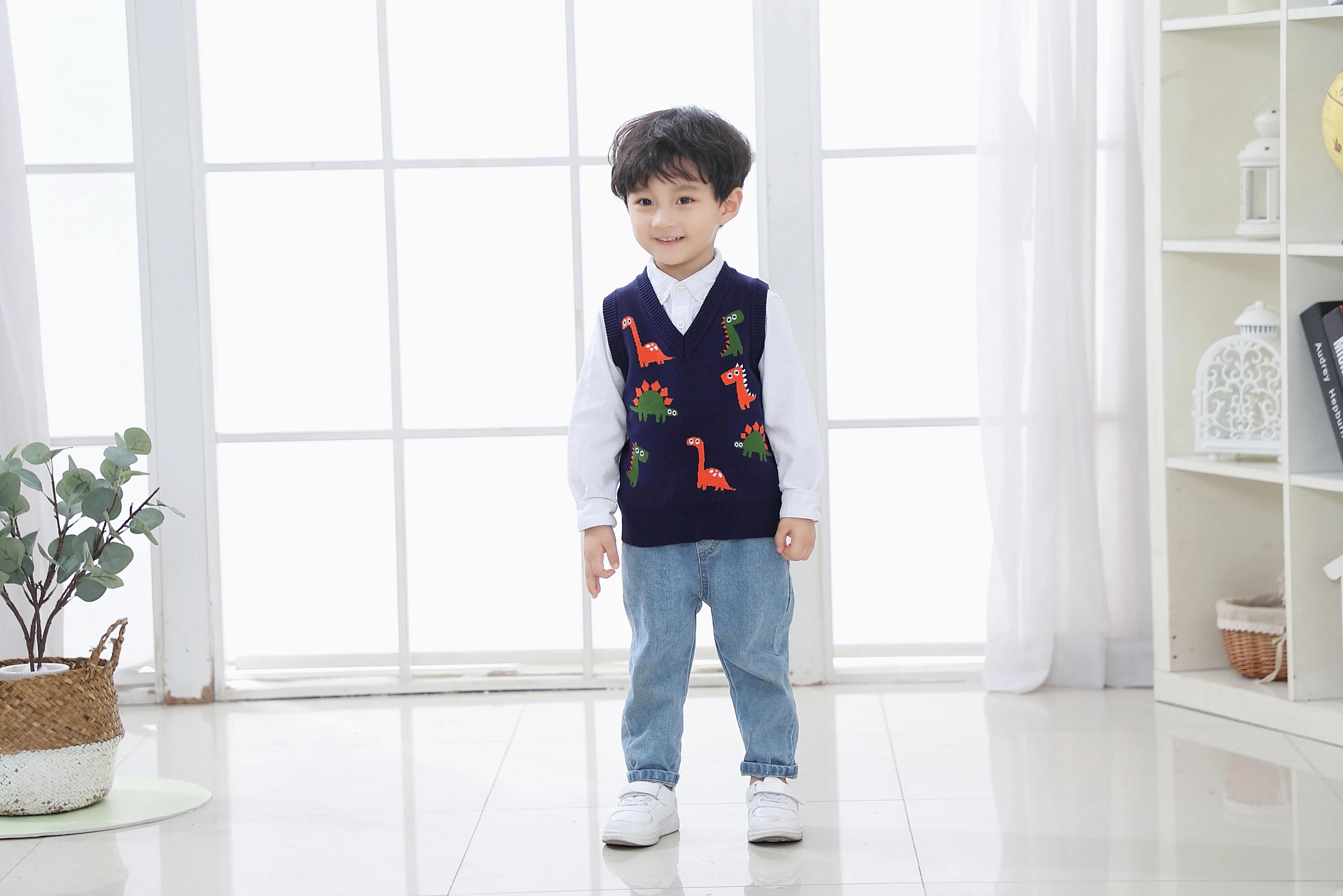 OVTRB Little Boys Dinosaur Sweater Vest Kids Winter Knitted V Neck Sleeveless Pullover Sweater School Casual Children Clothes