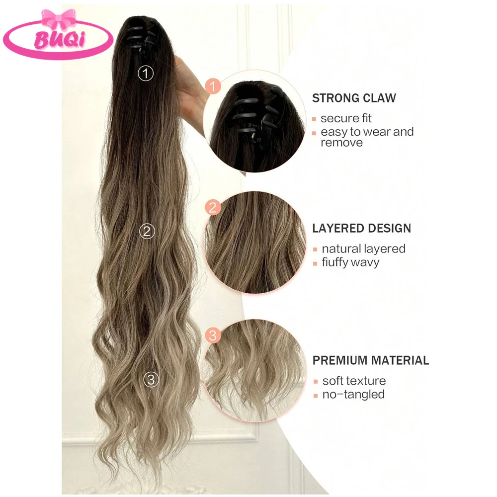 Water Wave Claw Clip In Ponytail Hair Extension Ombre Color Curly Wavy Synthetic Ponytail Extension Hair For Women Pony Tail