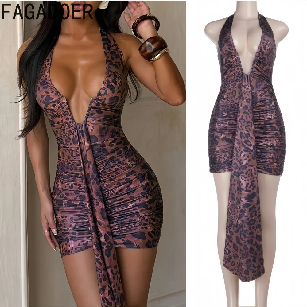 

FAGADOER Spring New Fashion Leopard Print Patchwork Dresses Woman Deep V-neck Bodycon Backless Dress Female Streetwear Vestidos