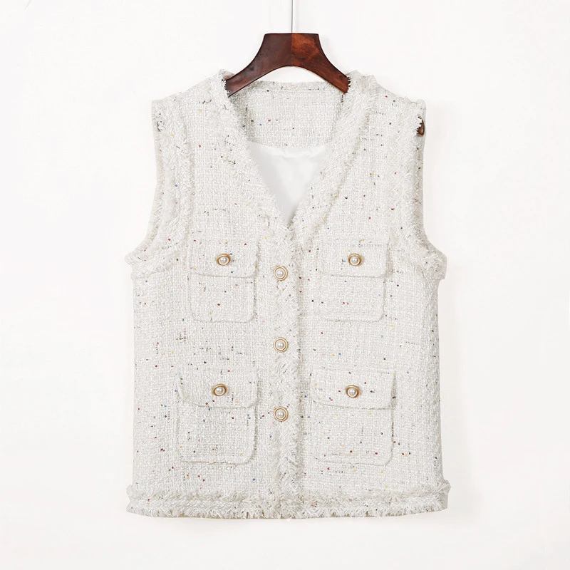 

Ladies solid color sequin loose tweed sleeveless vest coat new spring and autumn small fragrance vest