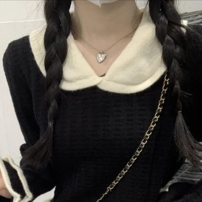 

New Autumn Winter Doll Collar Base Sweater Contrasting Color Black Ears Solid Color Short Top for Women