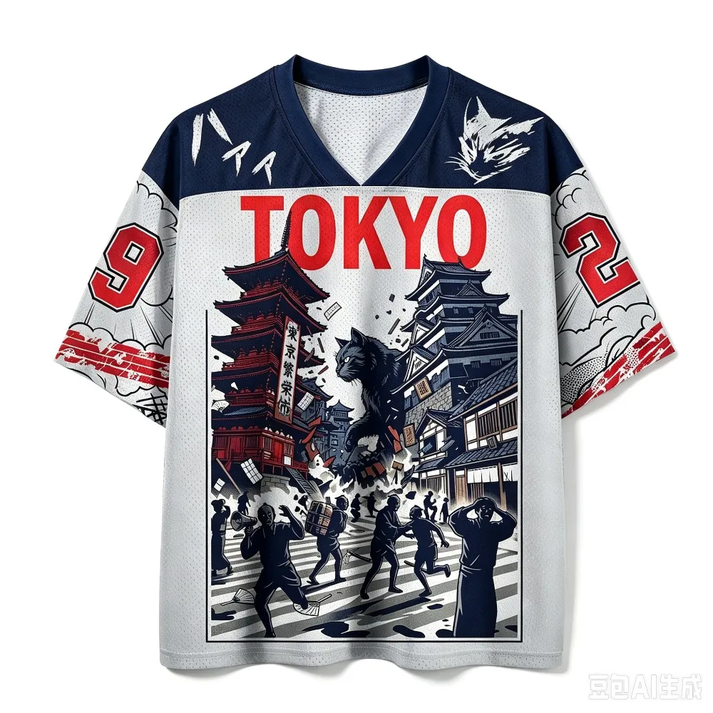 Retro Tokyo Riesige Schwarze Katze 3D-Druck Feuchtigkeitsableitendes V-Ausschnitt T-Shirt für Männer und Frauen, Modische Streetwear für Eltern und Kinder – Detail 5