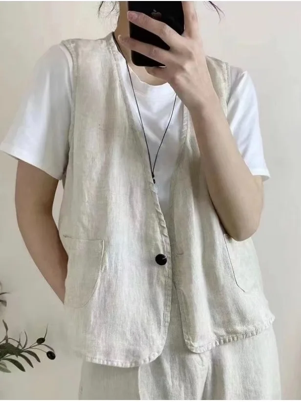 

Облегающий льняной жилет Jaet, женский тонкий повседневный жилет Sle, новинка 2024, осенняя мода, V-Ne, застежка на пуговицы