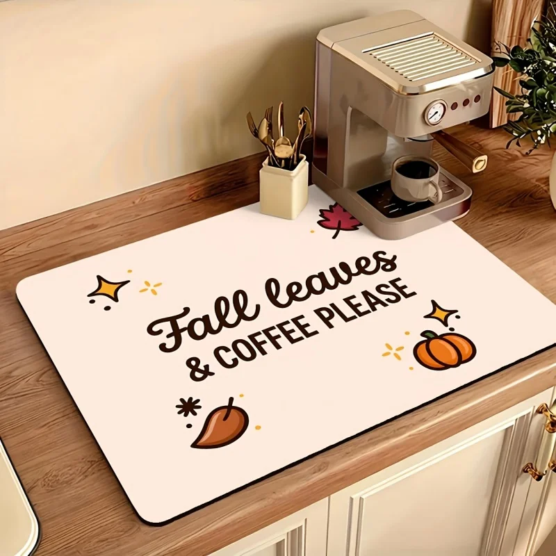 Drying Mat Fall Leaves Coffee Please Pumpkin Letter Print Tableware Drain Pad for Coffee Machine Countertop