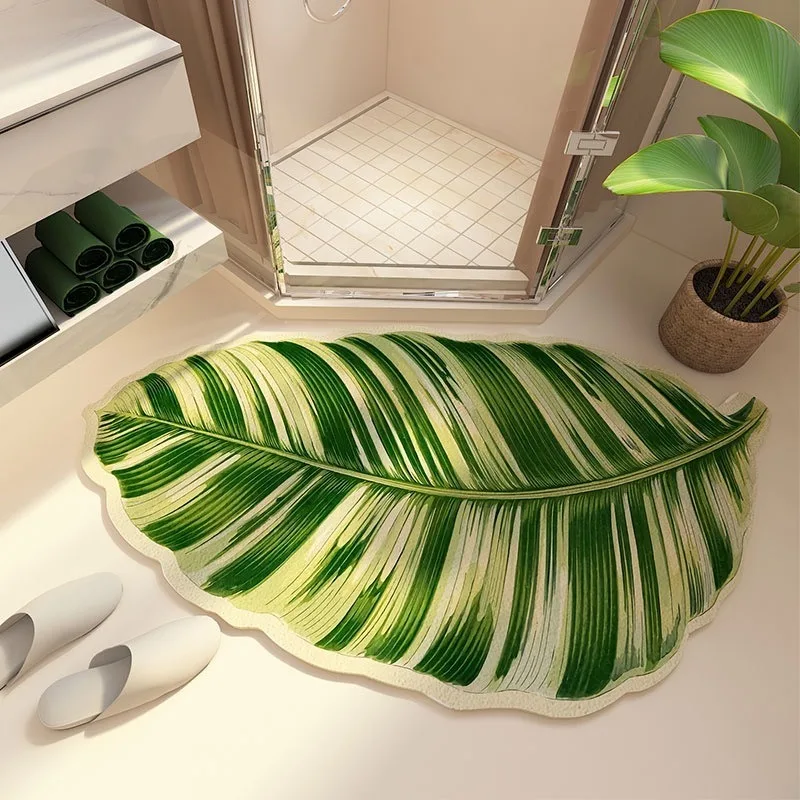 Luxurious Unique-Shaped Rug for Bathroom  Absorbent and Slip-Resistant with Green Plant Design