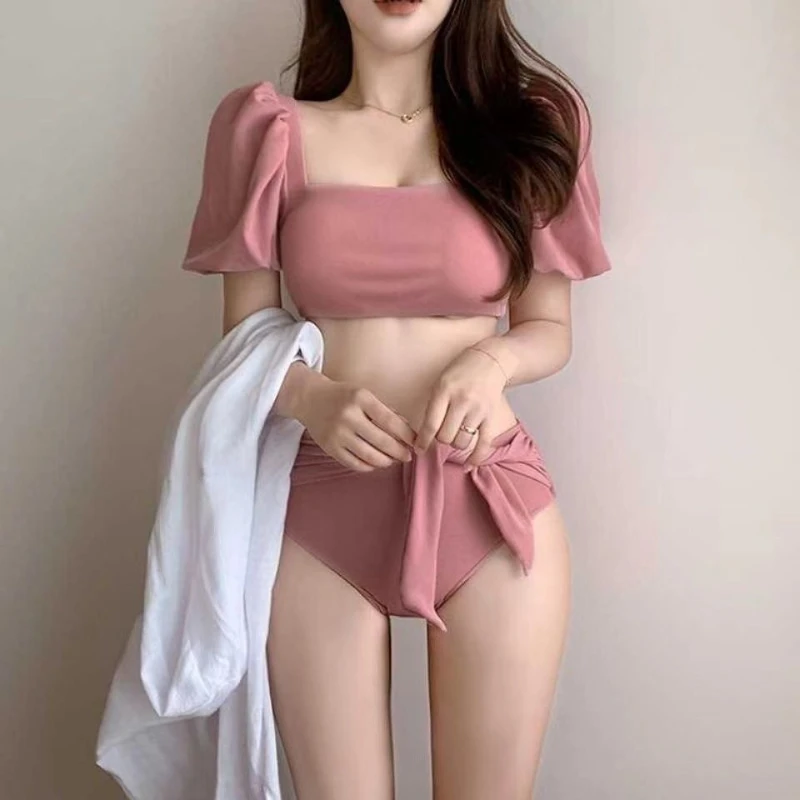 2026 New Women's Pink Bubble Sleeve Bikini Set High Waist Tie Bow Swimsuit Two Piece Bathing Suit Summer Beachwear