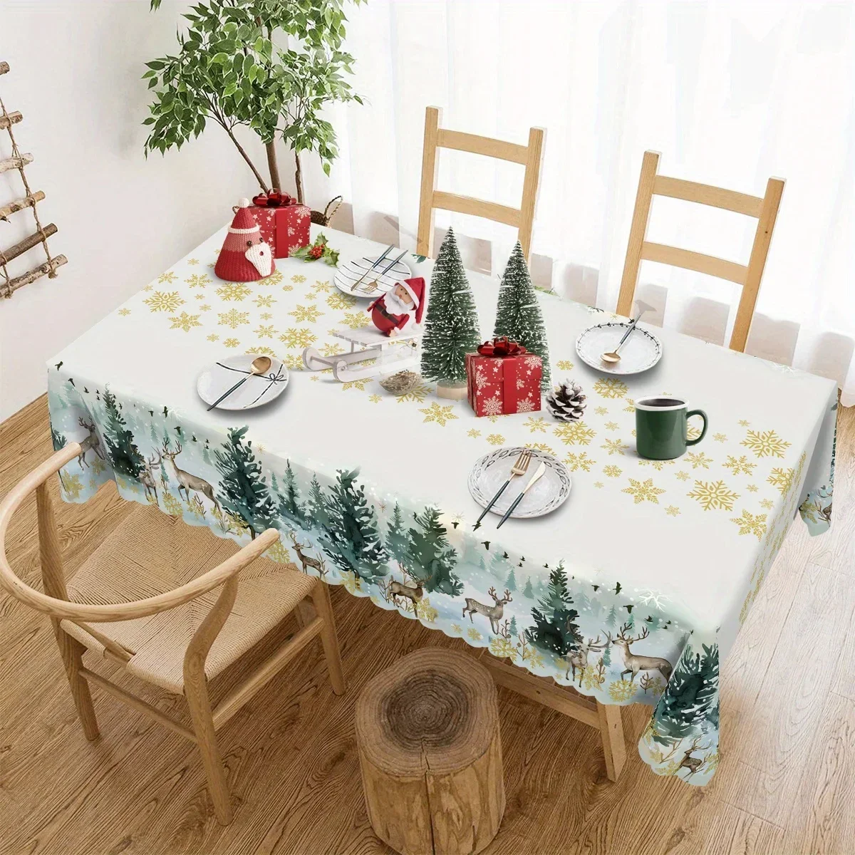 1 item: Christmas rectangular tablecloth, golden reindeer round tablecloth, Christmas decorations, winter decorationsxzj