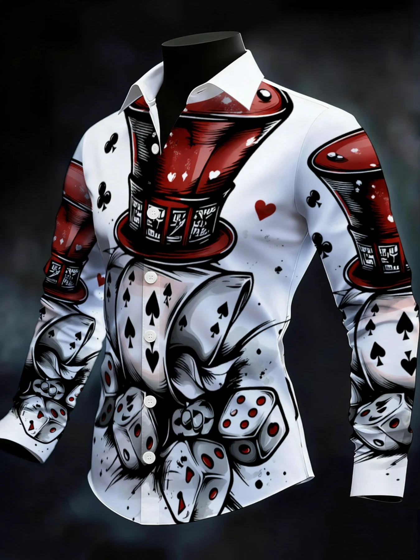 Autumn Men Lapel Collar Shirt Retro Poker Gambler Graphic Polyester Long‑Sleeve Top