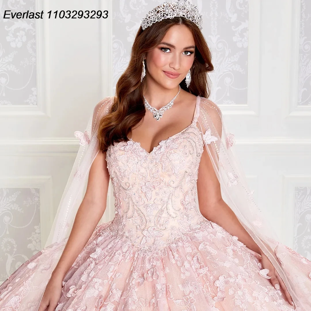 EVLAST Pink Quinceanera Dress 2024 Ball Gown 3D Floral Applique perline Spaghetti con Cape Sweet 16 Vestido 15 De aecos TQD240