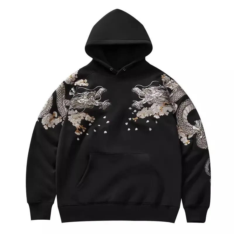 Makuluya Hoodies Yokosuka Black Dragon Phoenix Suzaku Pattern Embroidered Pullover Sakura