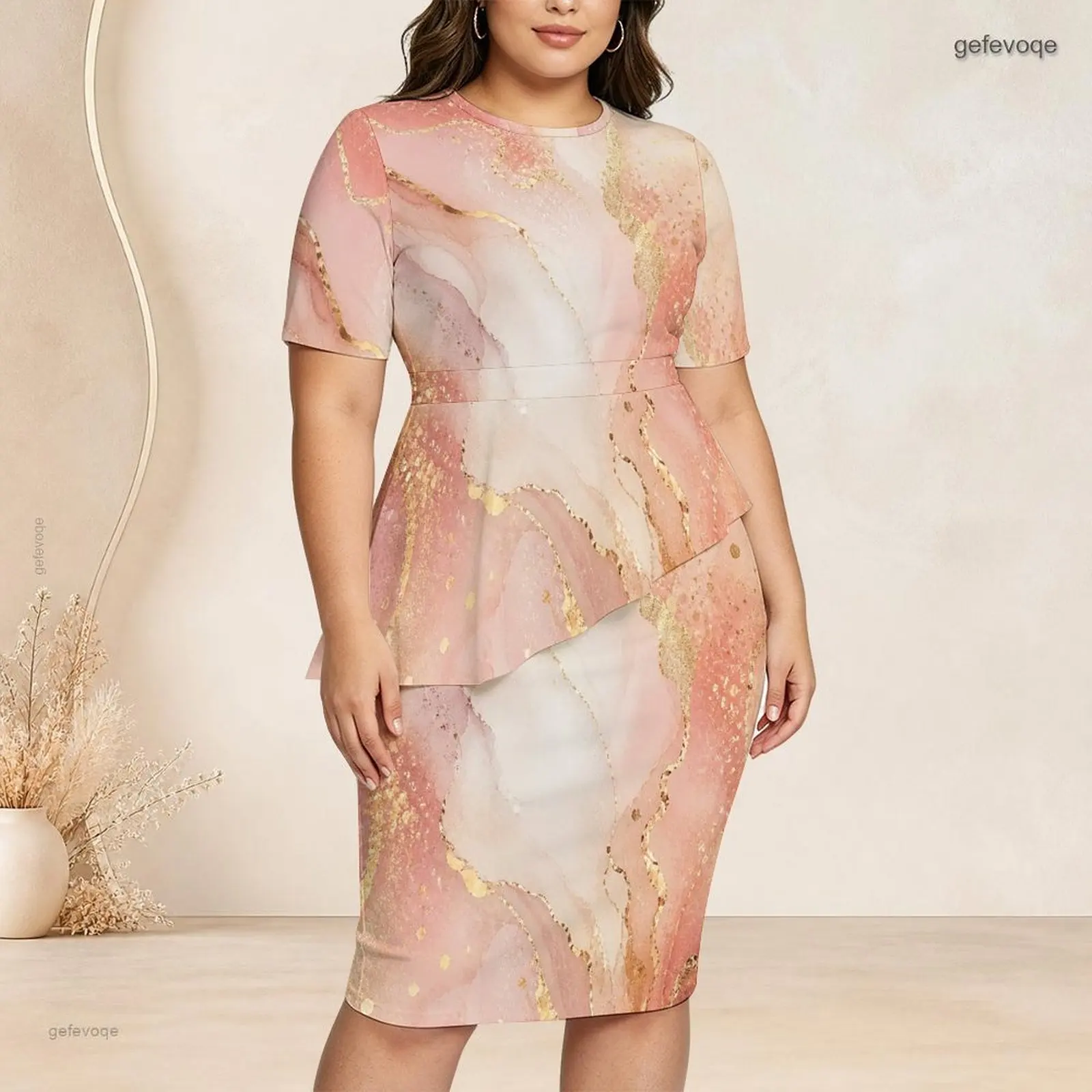 Women Round Neck Short Sleeve Asymmetric Top Fitted Skirt Two Piece Printed Skirt Set