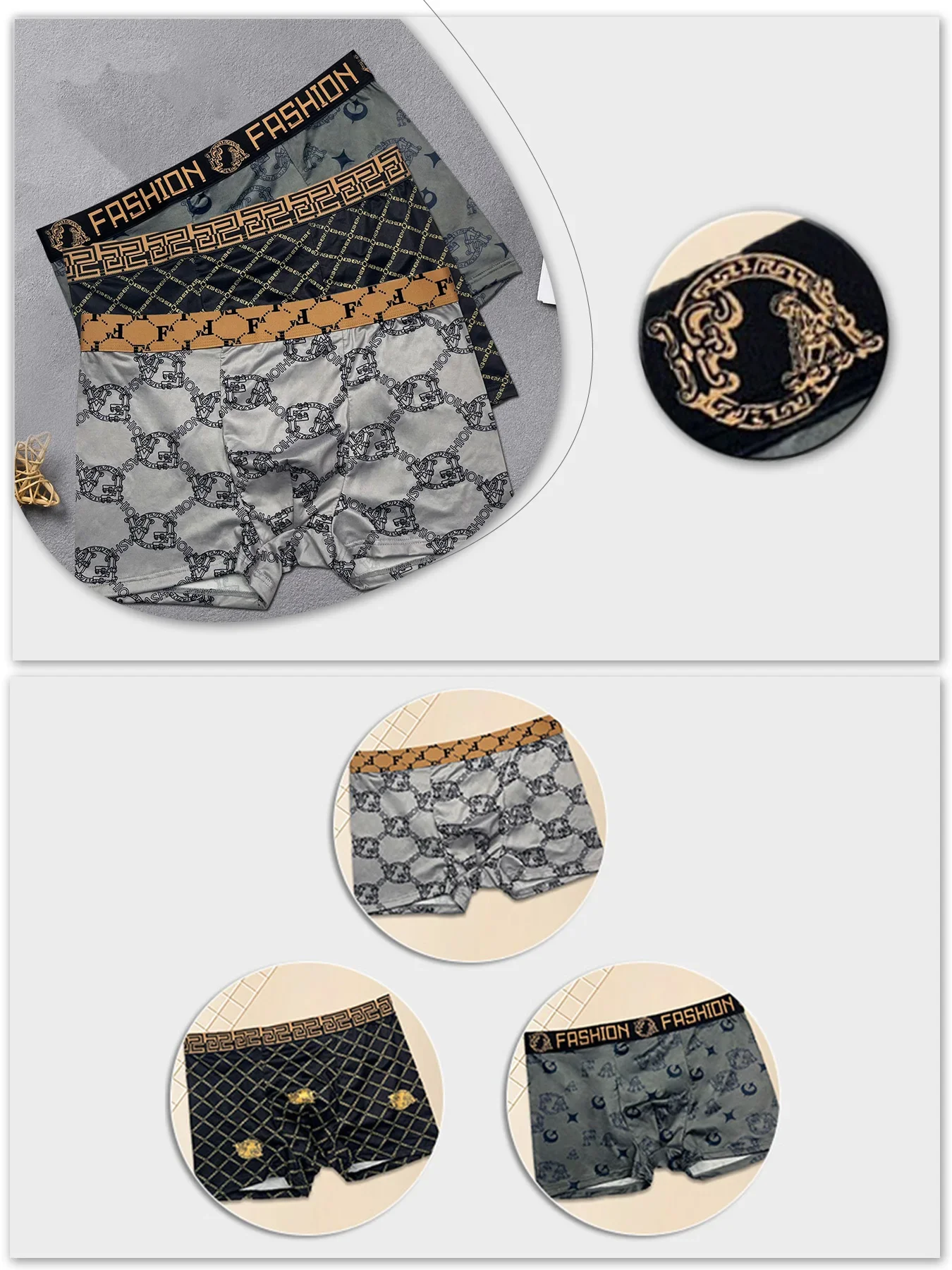 8 PCS Men Boxer Briefs Set Luxury Black Gold Print Mens Underwear Elastic Waist Soft Breathable Male Underpants Multi Color Pack
