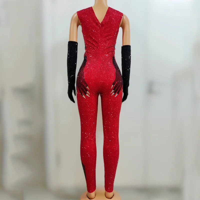 Glänzend Rot Schwarz Strass Overall Handschuhe Frauen Halloween Nachtclub Ds Dj Drag Queen Kostüm Gogo Pole Dance Kleidung SL7239