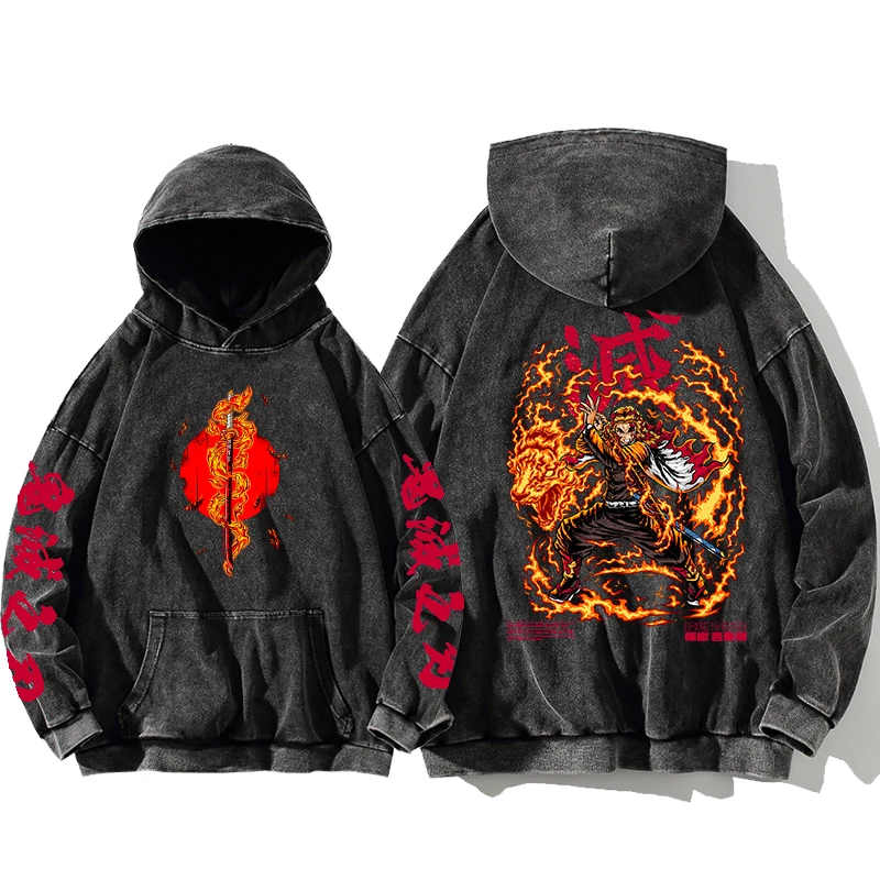 Demon Slayer Tokitou Muichirou Manga Bluzy z nadrukiem dla mężczyzn Kobiety Czysta bawełna Bluzy Vintage Washed Oversized Streetwear