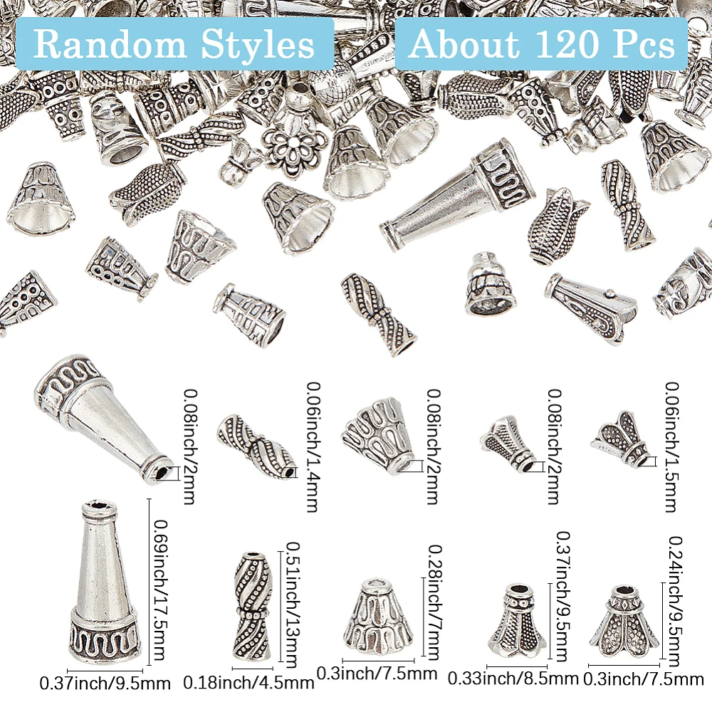 1 Box 100g Bead Cone Caps Tassel Bead Caps Alloy Metal Silver Assorted Random Styles Floral Cone Beads Loose Spacers Bulk