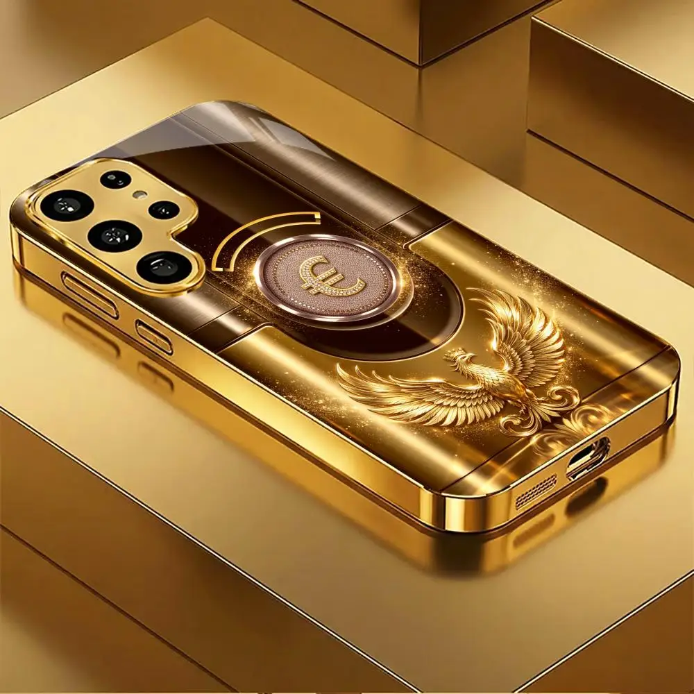 Golden Euro Wealth Phoenix phone case glass s26 ultra case s25 ultra case for Samsung Galaxy S26 S25 S24 S23 S22 FE,Ultra,Plus