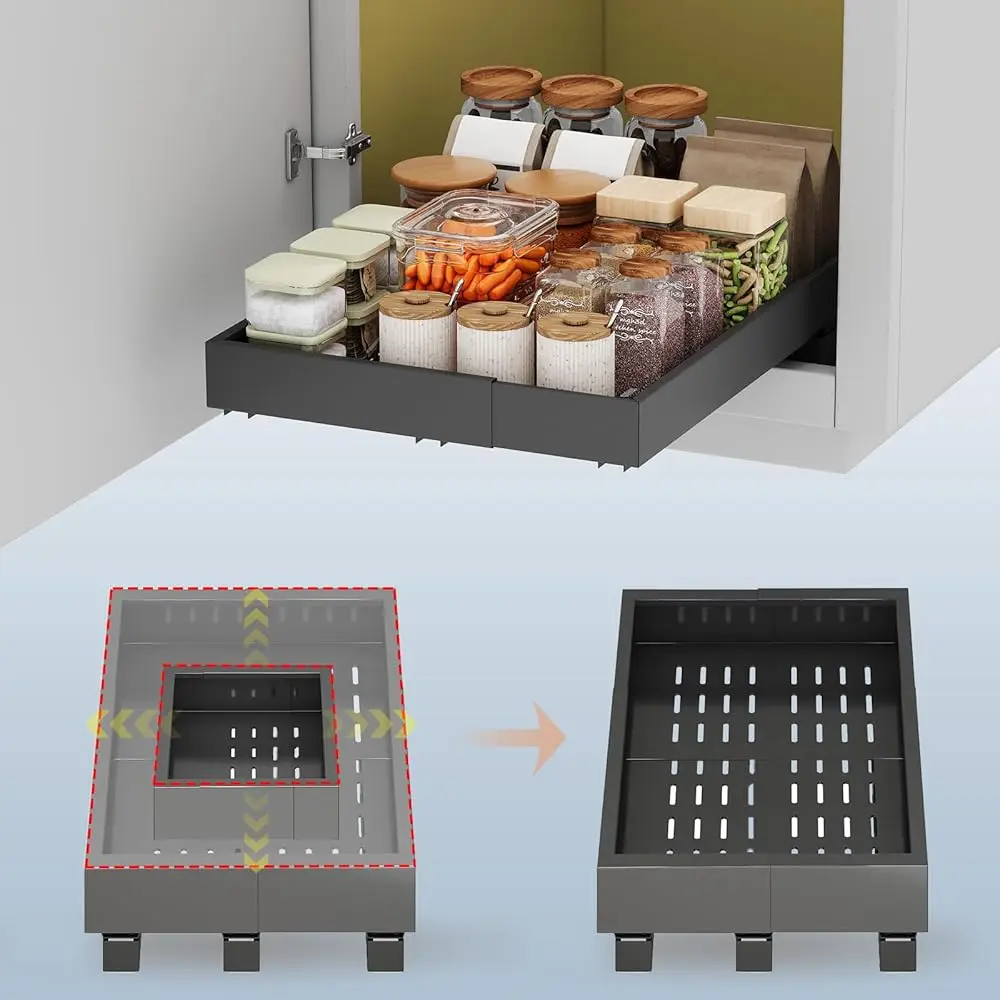 

Pull Out Cabinet Organizer,Expandable Width(11""-16""),Depth(17""-24"") With 3 Rails,Roll Out Drawers,No Drill Adjustable Slide