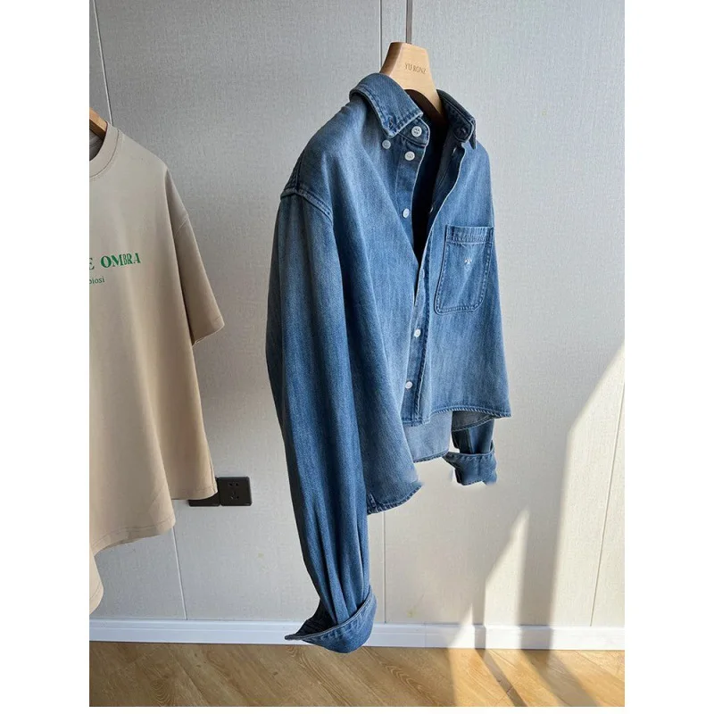 Women Denim Shirt Short Top Washed Single Breasted Turn Down Collar Y2k Pockets Streetwear Work 2025 Autumn Vintage Overshirt