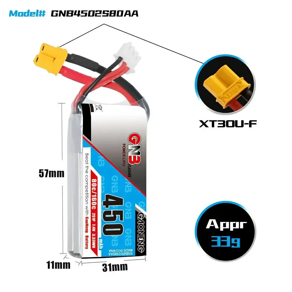 GAONENG 450mAh 2S-7.4V/3S-11.1V/4S-14.8V/6S-22.2V 80C Lipo Battery XT30 Connector For FPV Drone RC Parts